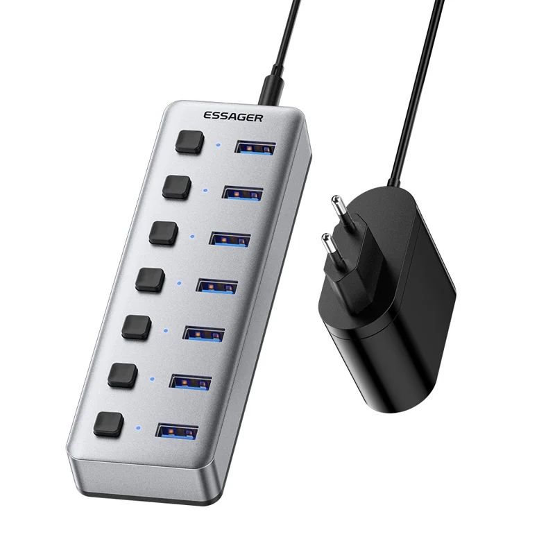 ESSAGER 7in1 USB 3.0 Expansion Hub 7 Ports 5Gbps Data Transfer Independent Switches - EU Plug