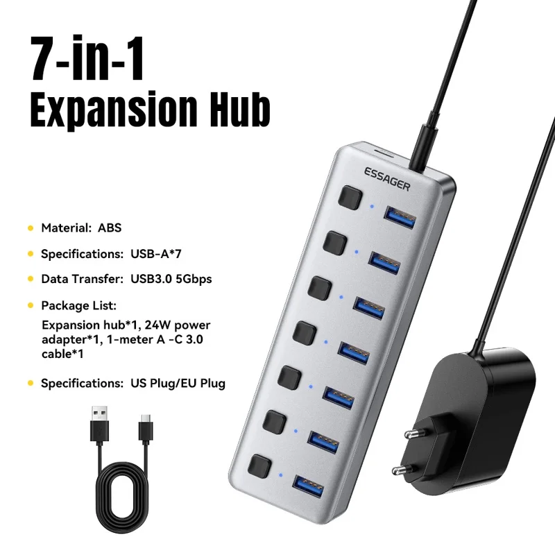 ESSAGER 7in1 USB 3.0 Expansion Hub 7 Ports 5Gbps Data Transfer Independent Switches - EU Plug