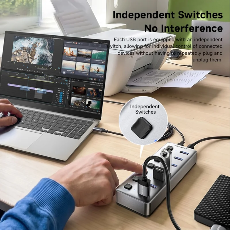 ESSAGER 7in1 USB 3.0 Expansion Hub 7 Ports 5Gbps Data Transfer Independent Switches - EU Plug