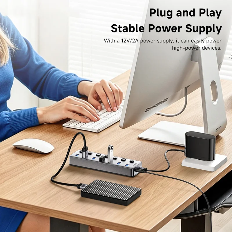 ESSAGER 7in1 USB 3.0 Expansion Hub 7 Ports 5Gbps Data Transfer Independent Switches - EU Plug