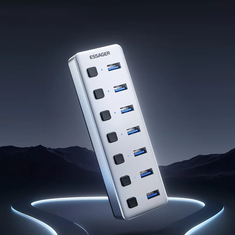 ESSAGER 7in1 USB 3.0 Expansion Hub 7 Ports 5Gbps Data Transfer Independent Switches - EU Plug