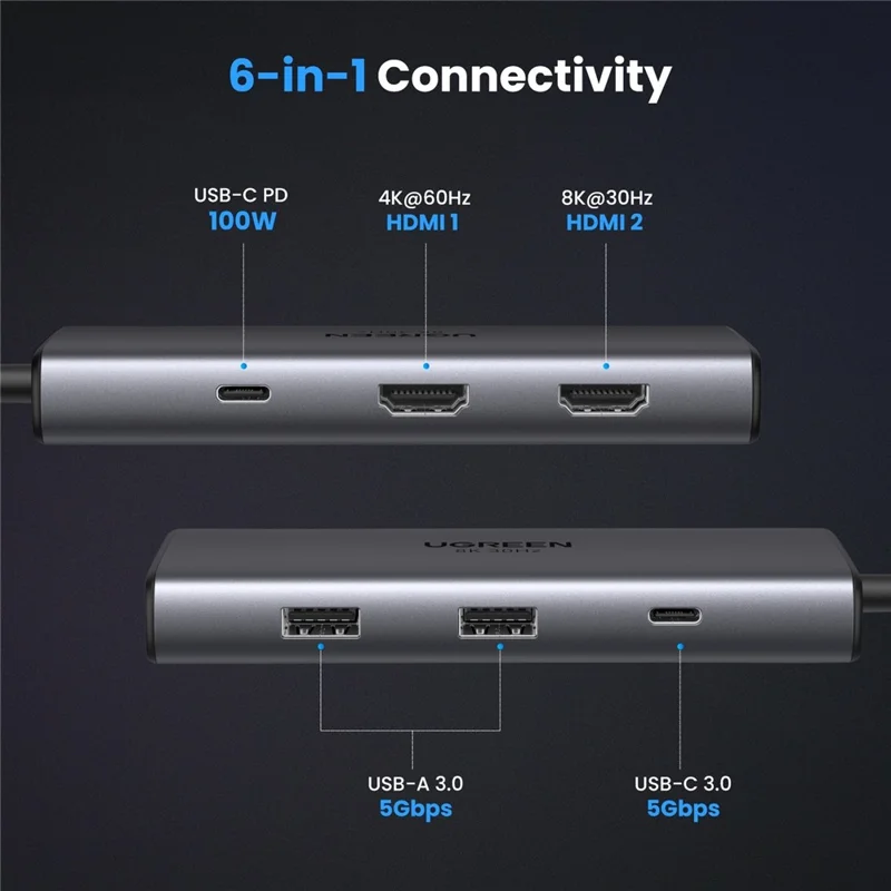 UGREEN 15852 6 в 1 концентратор Type-C Dual HD 8K / 30 Гц 4K / 60 Гц PD 100 Вт быстрая зарядка USB 3.0 док-станция - серый