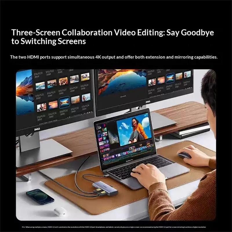 UGREEN 15852 6 в 1 концентратор Type-C Dual HD 8K / 30 Гц 4K / 60 Гц PD 100 Вт быстрая зарядка USB 3.0 док-станция - серый