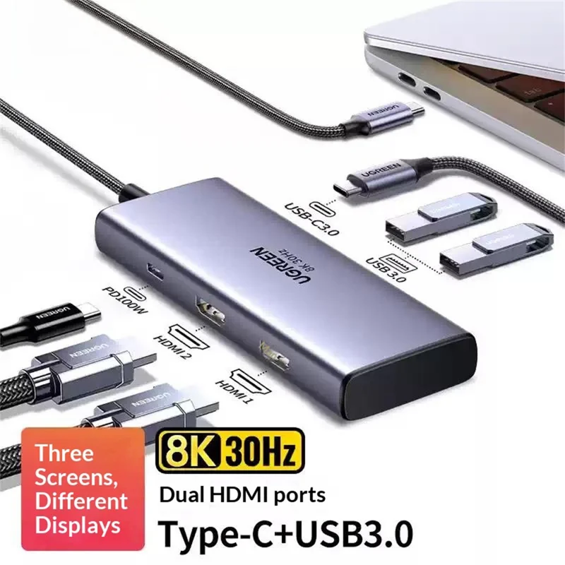 UGREEN 15852 6 в 1 концентратор Type-C Dual HD 8K / 30 Гц 4K / 60 Гц PD 100 Вт быстрая зарядка USB 3.0 док-станция - серый