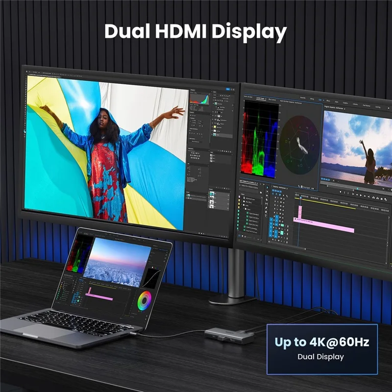 UGREEN 15852 6 в 1 концентратор Type-C Dual HD 8K / 30 Гц 4K / 60 Гц PD 100 Вт быстрая зарядка USB 3.0 док-станция - серый