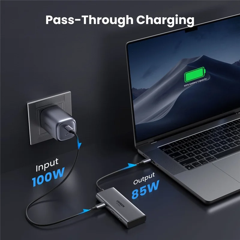 UGREEN 15852 6 в 1 концентратор Type-C Dual HD 8K / 30 Гц 4K / 60 Гц PD 100 Вт быстрая зарядка USB 3.0 док-станция - серый