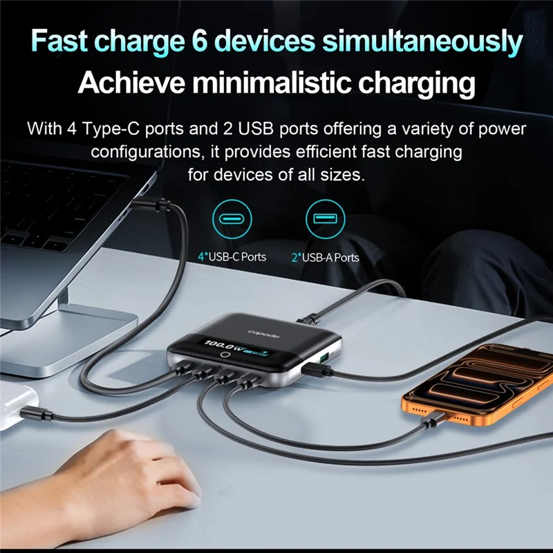 COPODE WLX-905 OLED Display 6-Port GaN Charger 100W PD 4 Type-C + 2 USB-A Desktop Charging Station Support AVS & PPS Protocol - EU Plug