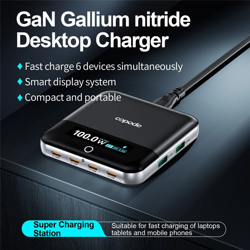 COPODE WLX-905 OLED Display 6-Port GaN Charger 100W PD 4 Type-C + 2 USB-A Desktop Charging Station Support AVS & PPS Protocol - US Plug