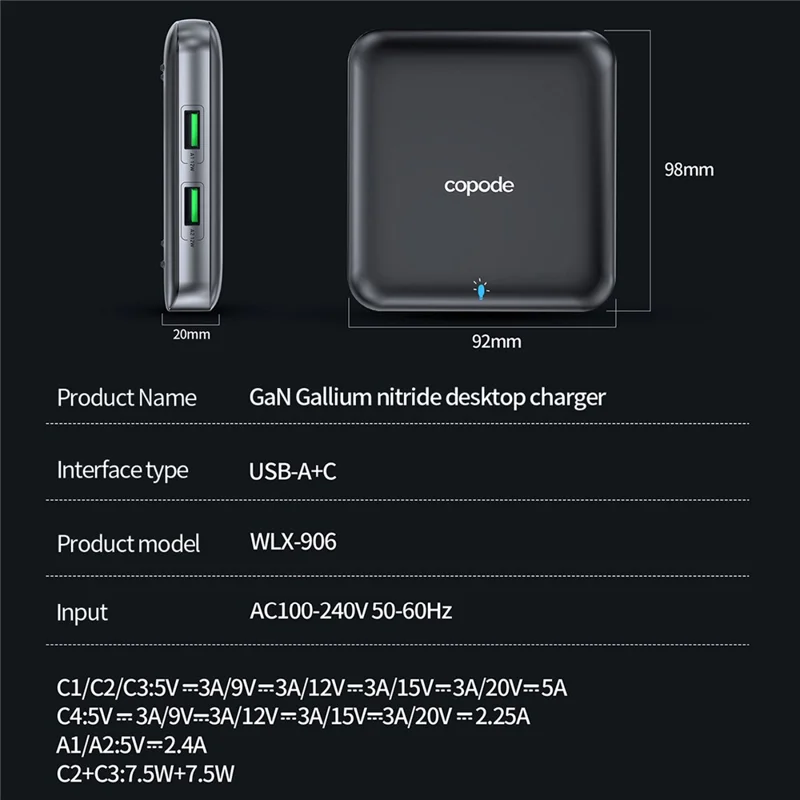 COPODE WLX-906 6-Port GaN Charger 100W PD 4 Type-C + 2 USB-A Desktop Charging Station - US Plug