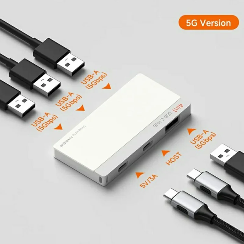HAGIBIS KZWN02 USB-C to 4-Port USB-A Hub 5Gbps High-Speed Data Hub with USB-C Host and 5V / 3A Power Input - White