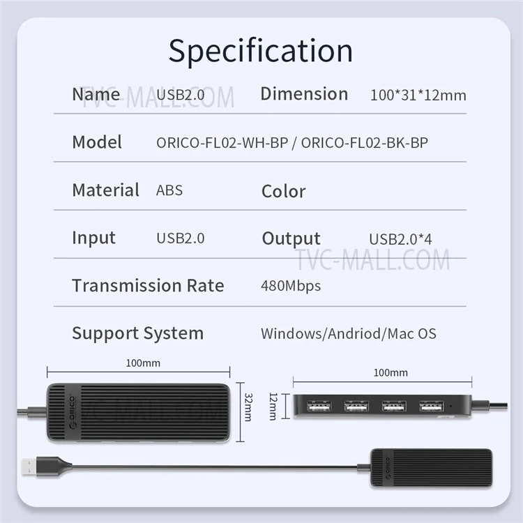 ORICO FL02 Multi-Port USB2.0 Hub Mini Tragbarer Mini-usb-adapter Hochgeschwindigkeits-synchronisierungswandler Für Laptops - Schwarz