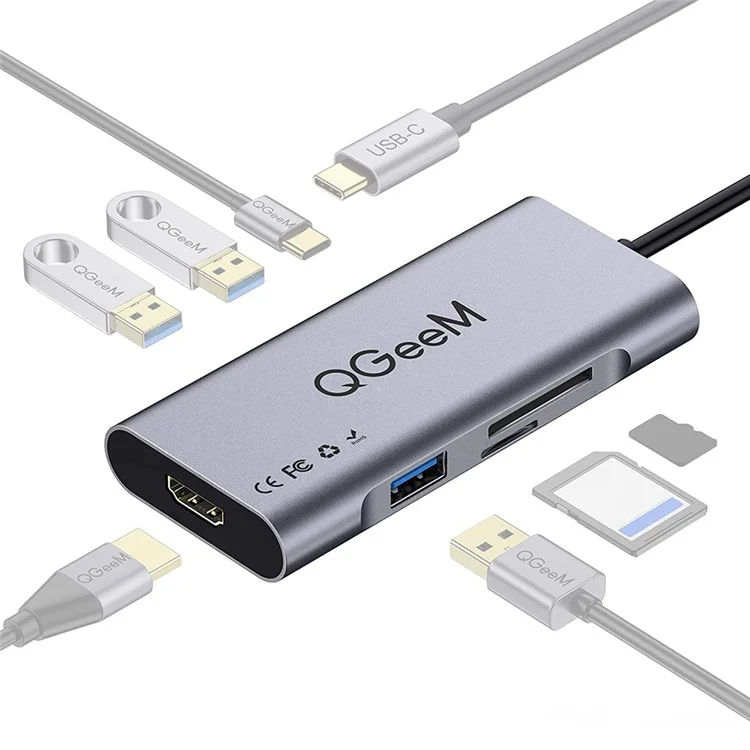 QGEEM QG-UH07-3 7-в-1 Type-C док-станция Multi-Port USB-C концентратор поддерживает HD совместимый Chromebook Thunderbolt 3