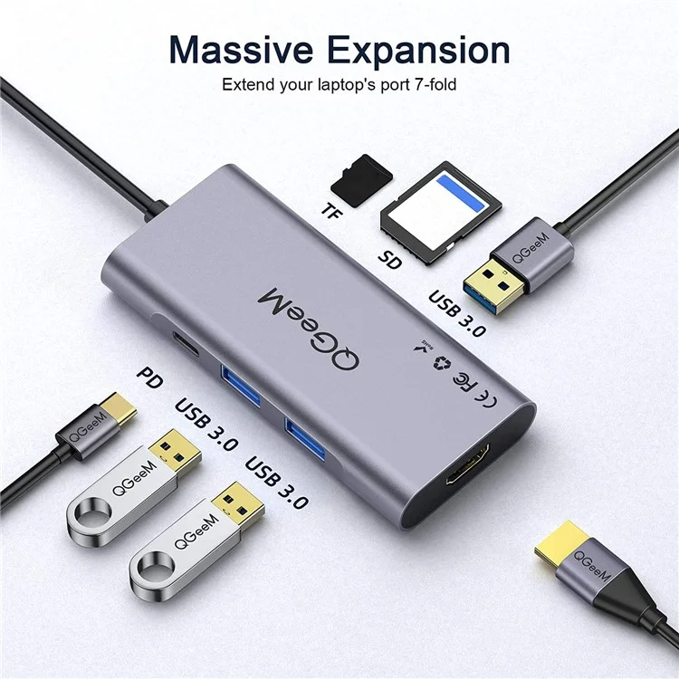 QGEEM QG-UH07-3 7-в-1 Type-C док-станция Multi-Port USB-C концентратор поддерживает HD совместимый Chromebook Thunderbolt 3
