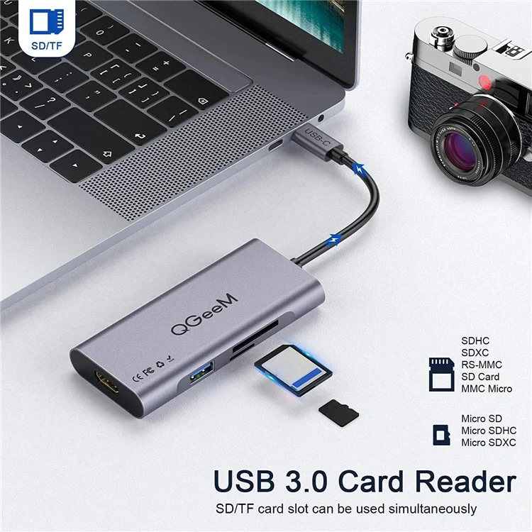 QGEEM QG-UH07-3 7-в-1 Type-C док-станция Multi-Port USB-C концентратор поддерживает HD совместимый Chromebook Thunderbolt 3