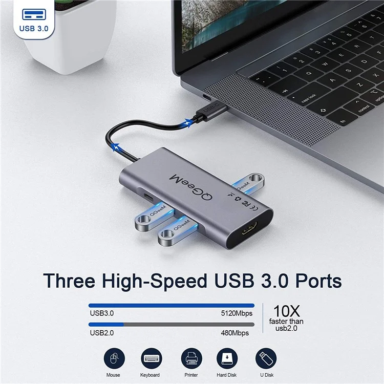 QGEEM QG-UH07-3 7-в-1 Type-C док-станция Multi-Port USB-C концентратор поддерживает HD совместимый Chromebook Thunderbolt 3