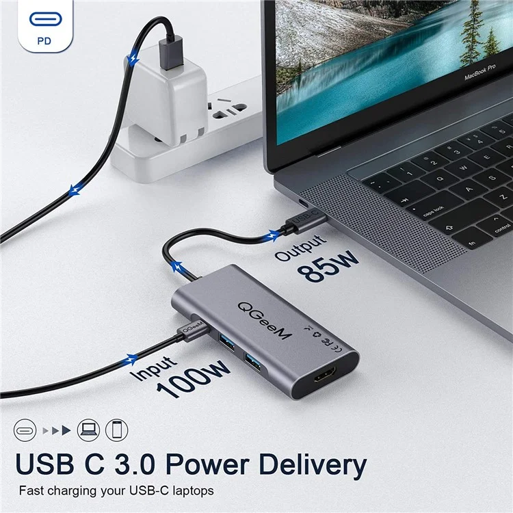 QGEEM QG-UH07-3 7-в-1 Type-C док-станция Multi-Port USB-C концентратор поддерживает HD совместимый Chromebook Thunderbolt 3
