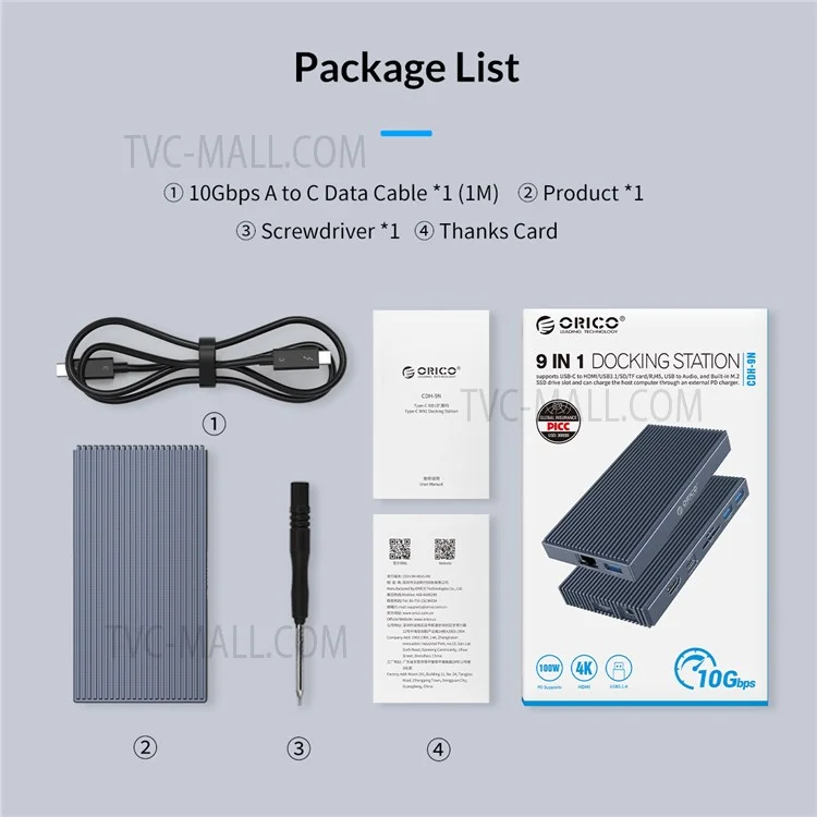 ORICO CDH-9N Station d'accueil Multi-Port Mini USB Hub avec 10Gbps USB3.1/HD/Gigabit LAN/Prise audio 3,5 mm pour ordinateur portable