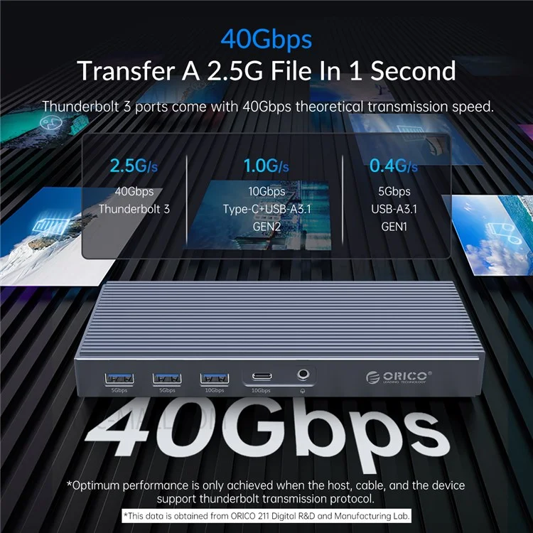Station d'accueil Thunderbolt 3 ORICO ORICO-TB3-S2-GY-BP avec boîtier SSD double baie M.2 NVMe/NGFF, hub USB C slim avec prise jack 3,5 mm