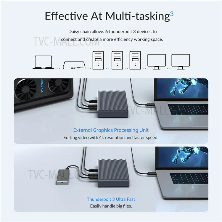 Station d'accueil Thunderbolt 3 ORICO ORICO-TB3-S2-GY-BP avec boîtier SSD double baie M.2 NVMe/NGFF, hub USB C slim avec prise jack 3,5 mm