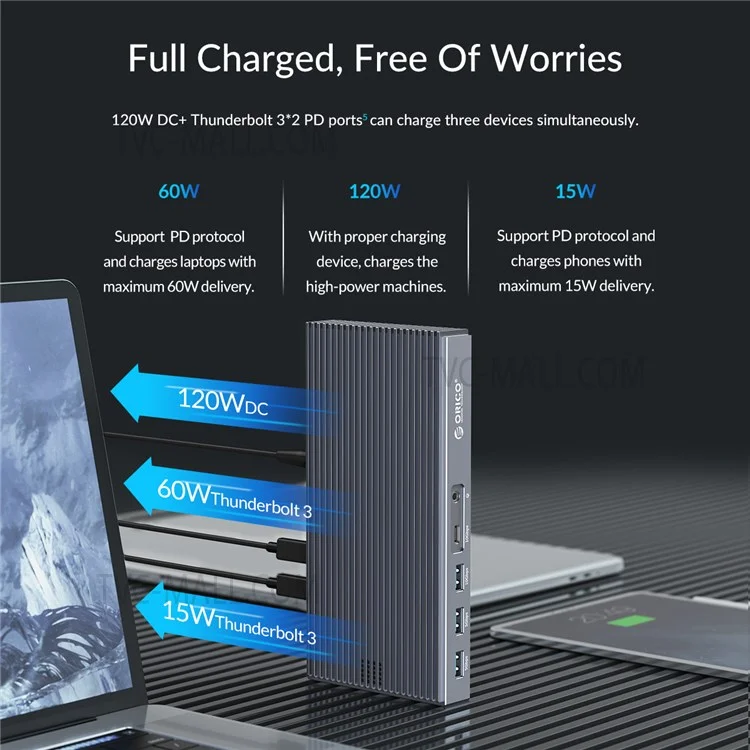 Station d'accueil Thunderbolt 3 ORICO ORICO-TB3-S2-GY-BP avec boîtier SSD double baie M.2 NVMe/NGFF, hub USB C slim avec prise jack 3,5 mm