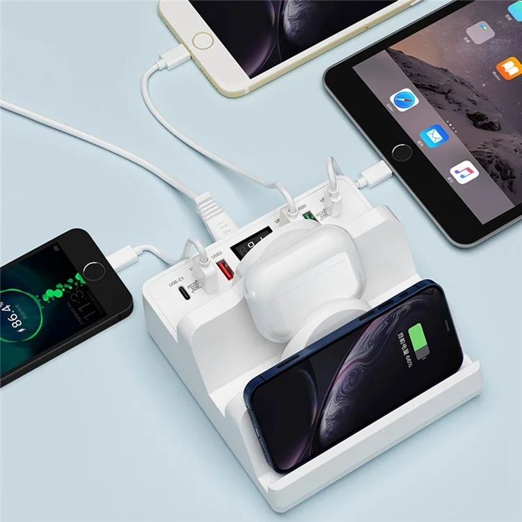 Soporte de Carga Multifuncional 6 USB + Dual PD + Dual QC3.0 + Estación de Carga de Cargador Inalámbrico Dual Para Teléfonos Celulares, Tabletas - Enchufe de la ue