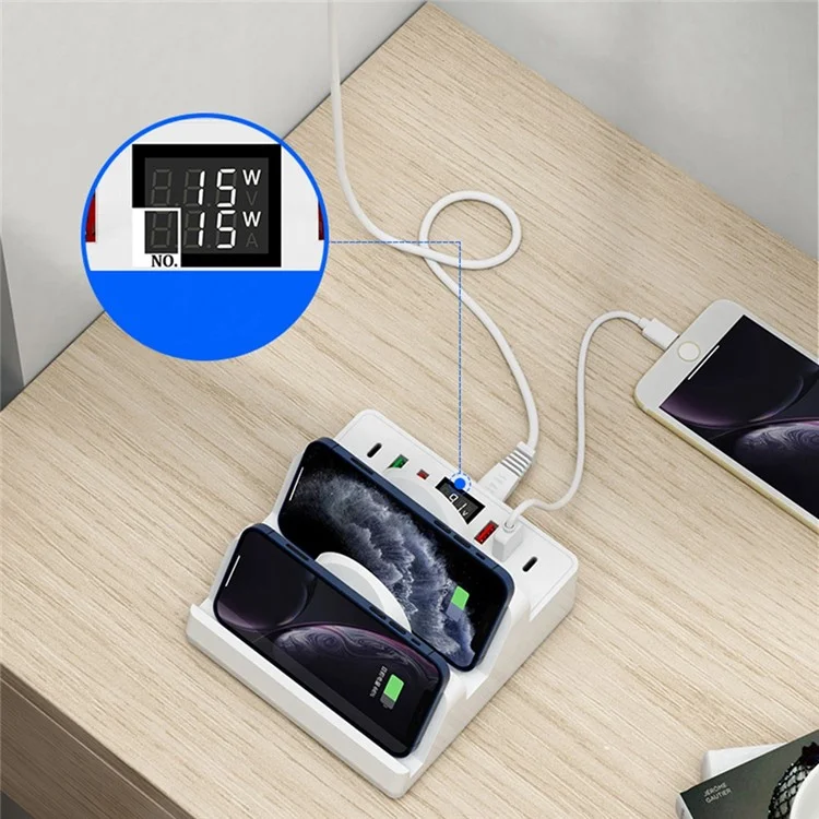 Soporte de Carga Multifuncional 6 USB + Dual PD + Dual QC3.0 + Estación de Carga de Cargador Inalámbrico Dual Para Teléfonos Celulares, Tabletas - Enchufe de la ue