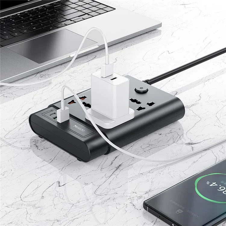 Yesido MC11 2650W Power Strip 4 UK Sockets + PD + 2 Portas USB Multifunction Power Socket - Plugue do Reino Unido