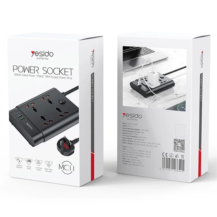 YESIDO MC11 2650W Power Strip 4 UK Sockets + PD + 2 USB Ports Multifunction Power Socket - UK Plug