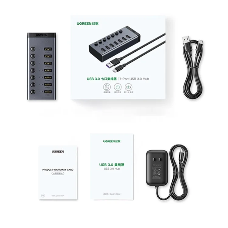 UGREEN CM481 USB 3.0 Splitter Docking Station 7-Port USB Hub Adattatore con cavo di estensione (Spina CN)