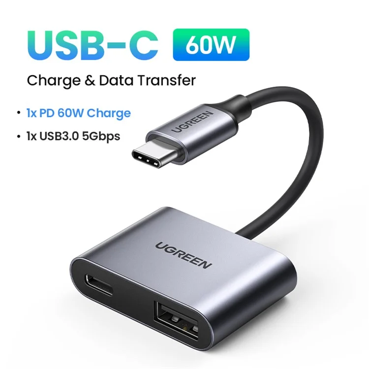 UGREEN Hub USB-C Tipo-C Maschio a PD 60W+USB 3.0 Femmina Adattatore 5Gbps Trasferimento Dati Convertitore per MacBook Laptop