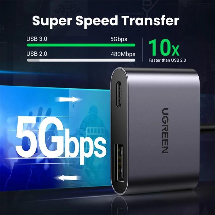 UGREEN Hub USB-C Tipo-C Maschio a PD 60W+USB 3.0 Femmina Adattatore 5Gbps Trasferimento Dati Convertitore per MacBook Laptop
