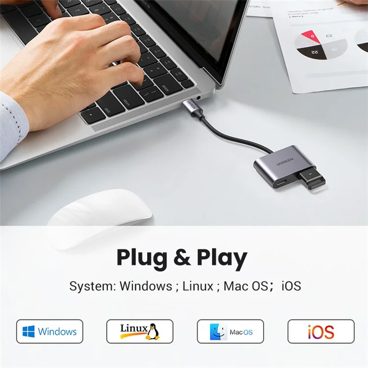 UGREEN Hub USB-C Tipo-C Maschio a PD 60W+USB 3.0 Femmina Adattatore 5Gbps Trasferimento Dati Convertitore per MacBook Laptop