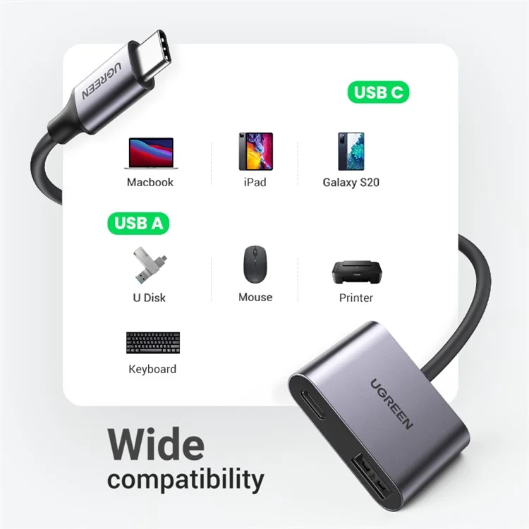 UGREEN Hub USB-C Tipo-C Maschio a PD 60W+USB 3.0 Femmina Adattatore 5Gbps Trasferimento Dati Convertitore per MacBook Laptop