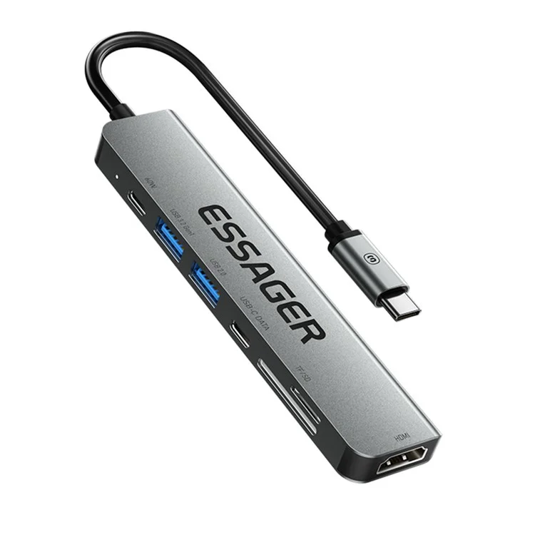 ESSAGER Tipo-c Hub Converter a PD 60W Carga Rápida+puerto de Datos Tipo-c+usb 3.2+USB 2.0+salida de Video Hd+2 Ranuras Para el Lector de Tarjetas