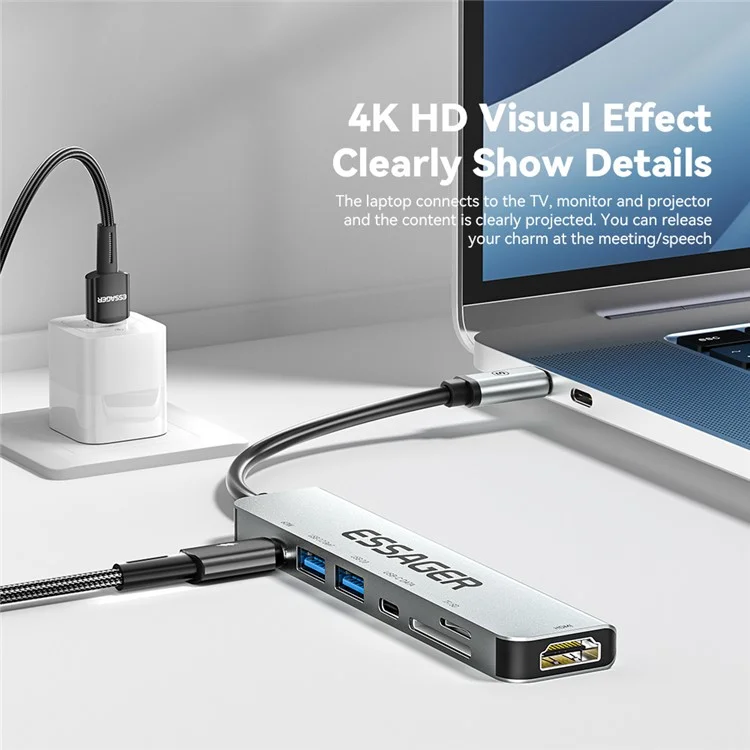 ESSAGER Type-C Hub Converter to PD 60W Fast Charging+Type-C Data Port+USB 3.2+USB 2.0+HD Video Output+2 Card Reader Slots
