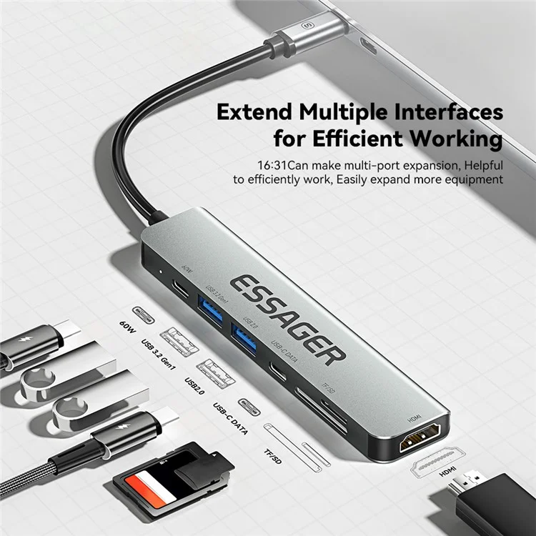 ESSAGER Type-C Hub Converter to PD 60W Fast Charging+Type-C Data Port+USB 3.2+USB 2.0+HD Video Output+2 Card Reader Slots