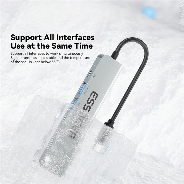 ESSAGER Type-C Hub Converter to PD 60W Fast Charging+Type-C Data Port+USB 3.2+USB 2.0+HD Video Output+2 Card Reader Slots
