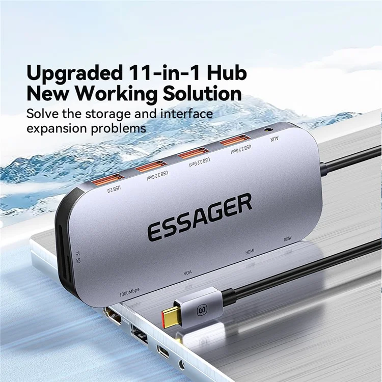 ESSAGER 11 in 1 Multi-porta Hub USB 4K HD PD 100W Stazione di ricarica rapida Supporto lettore di schede TF / SD 