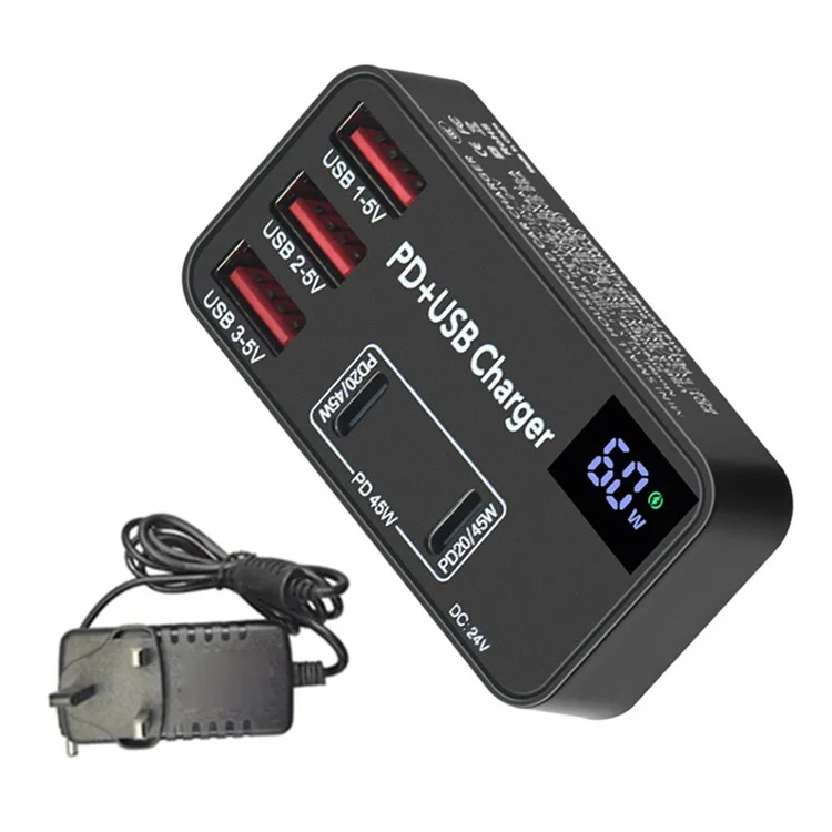 H988B 3 USB + 2 Type-C PD Fast Charger Desktop Charging Station with Digital Display (CE Certified) - Plugue UK