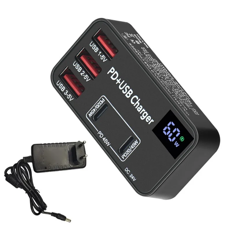H988B 3 USB + 2 Type-C PD Fast Charger Desktop Charging Station with Digital Display (CE Certified) - EU Plug