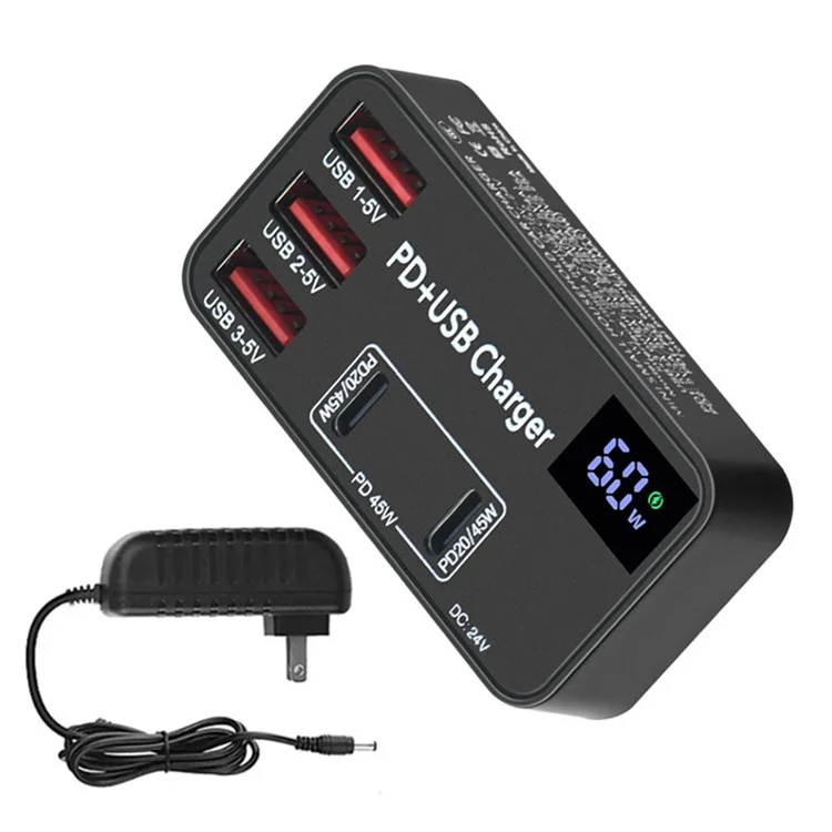 H988B 3 USB + 2 Type-C PD Fast Charger Desktop Charging Station with Digital Display (CE Certified) - US Plug