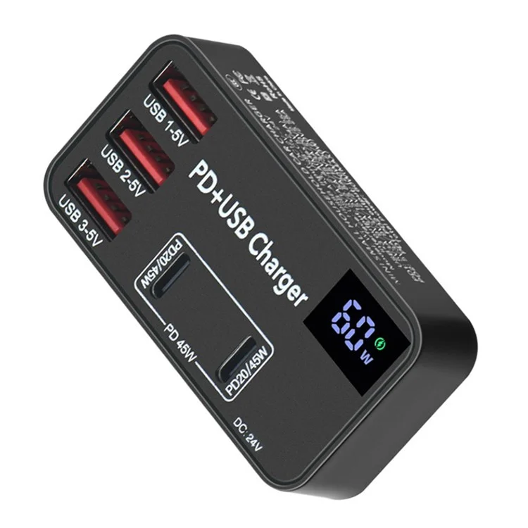 H988B 3 USB + 2 Type-C PD Fast Charger Desktop Charging Station with Digital Display (CE Certified) - US Plug