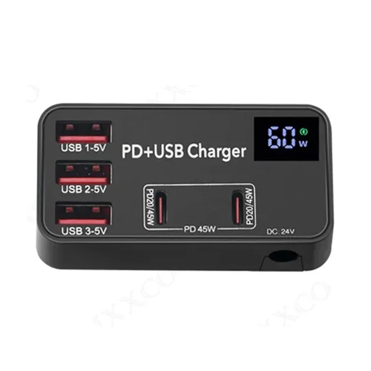 H988B 3 USB + 2 Type-C PD Fast Charger Desktop Charging Station with Digital Display (CE Certified) - US Plug