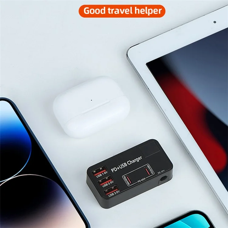H988B 3 USB + 2 Type-C PD Fast Charger Desktop Charging Station with Digital Display (CE Certified) - US Plug