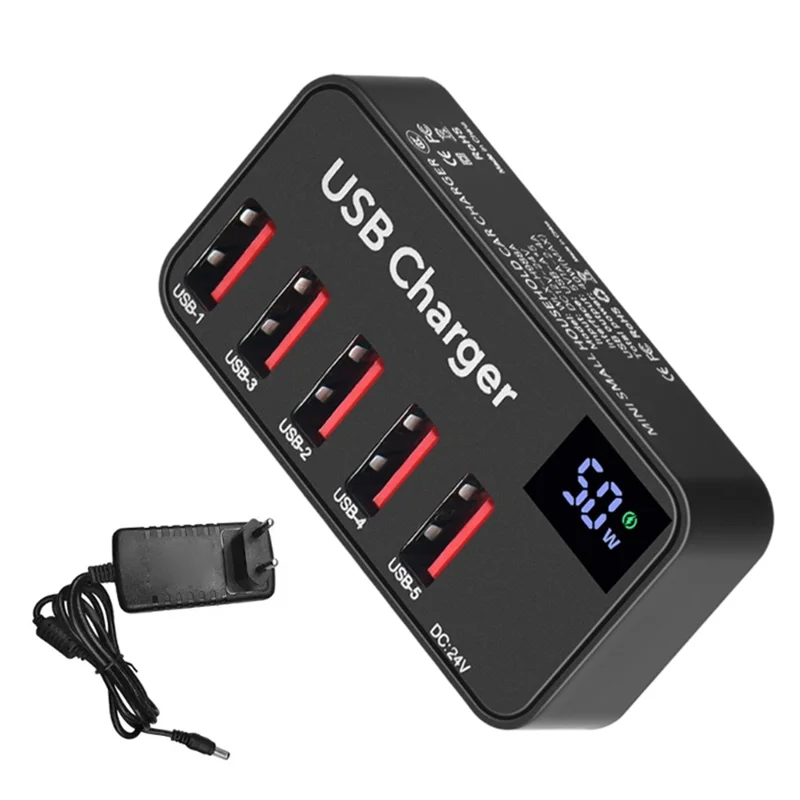 H988A 50W Smart Digital Display 5 Ports USB Charger Phone Tablet Charging Station (CE Certified) - EU Plug