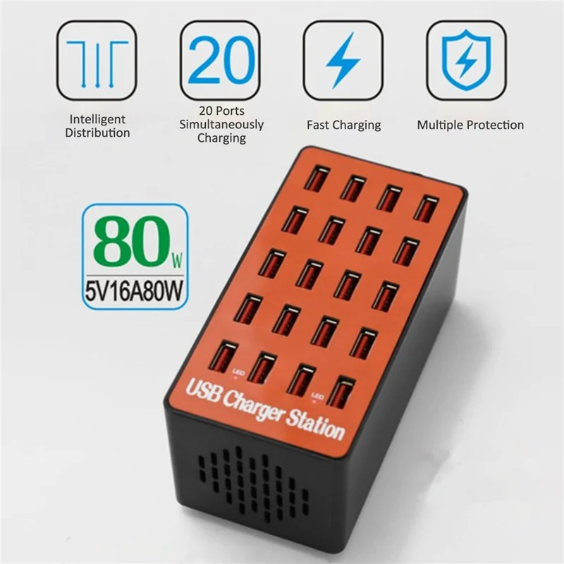 A5 80W 20 USB Ports Desktop Charger PC+ABS Phone Tablet Fast Charging Station (CE Certified) - AU Plug