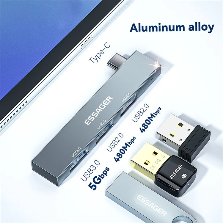 ESSAGER 3-in-1 USB Hub Splitter 1 USB3.0 + 2 Puertos USB2.0 Adaptador de Aleación de Aluminio Para la Computadora Portátil de Tableta Type-C - Gris