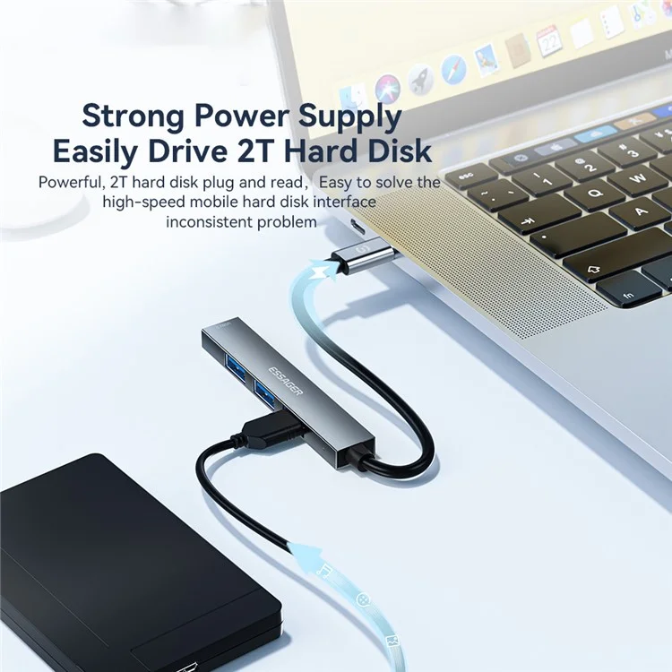ESSAGER 4-en-1 concentrador USB 4 puertos USB2.0 Divisor Tablet Laptop Aleación de Aluminio Adaptador - USB-A / Plata