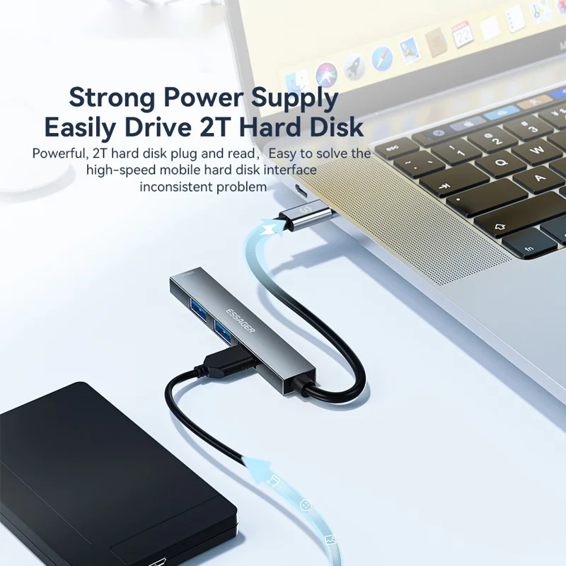 ESSAGER 4-in-1 USB Hub 4 USB2.0 Ports Splitter Tablet Laptop Aluminum Alloy Adapter - Type-C / Grey