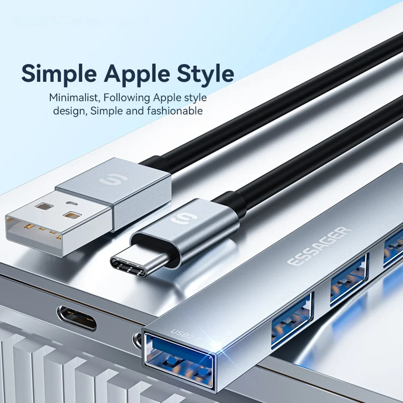 ESSAGER 4-in-1 USB Hub 4 USB2.0 Ports Splitter Tablet Laptop Aluminum Alloy Adapter - Type-C / Grey